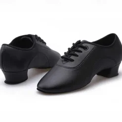 Kids' Black Lace-Up Ballroom Dance Shoes - Comfortable Faux Leather Latin Dance Shoes with Suede Sole for Boys' Performance & Practice