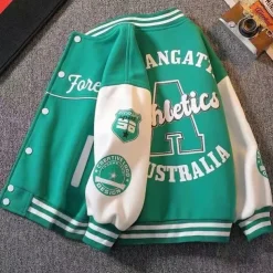 Kids Boys Baseball Jackets Outerwear Color Block Letter Stripe Long Sleeve Pocket Coat School Sports Fashion Streetwear Black Green Fall Winter 7-13 Years