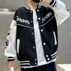 Kids Boys Baseball Jackets Outerwear Color Block Letter Stripe Long Sleeve Pocket Coat School Sports Fashion Streetwear Black Green Fall Winter 7-13 Years