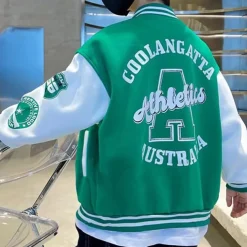 Kids Boys Baseball Jackets Outerwear Color Block Letter Stripe Long Sleeve Pocket Coat School Sports Fashion Streetwear Black Green Fall Winter 7-13 Years