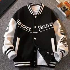 Kids Boys Baseball Jackets Outerwear Color Block Letter Stripe Long Sleeve Pocket Coat School Sports Fashion Streetwear Black Green Fall Winter 7-13 Years