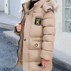 Kids Boys' Down Coat Hoodie Jacket Puffer Jacket Outerwear Solid Color Long Sleeve Pocket Coat Outdoor Cool Daily Black Khaki Fall Winter 7-13 Years