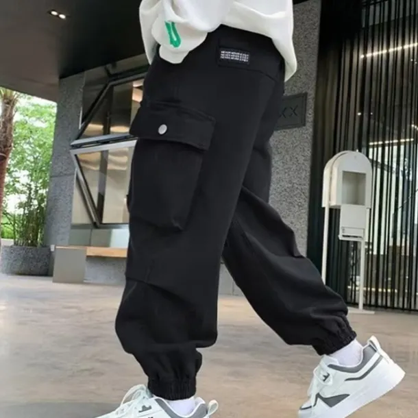 Kids Boys Pants Cargo Pants Trousers Patchwork Pocket Solid Color Breathable Soft Comfort Pants Outdoor Daily Basic Black Khaki Mid Waist