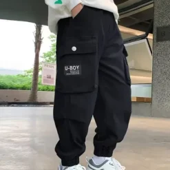 Kids Boys Pants Cargo Pants Trousers Patchwork Pocket Solid Color Breathable Soft Comfort Pants Outdoor Daily Basic Black Khaki Mid Waist