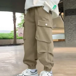 Kids Boys Pants Cargo Pants Trousers Patchwork Pocket Solid Color Breathable Soft Comfort Pants Outdoor Daily Basic Black Khaki Mid Waist