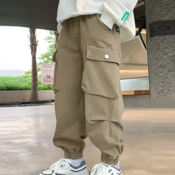 Kids Boys Pants Cargo Pants Trousers Patchwork Pocket Solid Color Breathable Soft Comfort Pants Outdoor Daily Basic Black Khaki Mid Waist