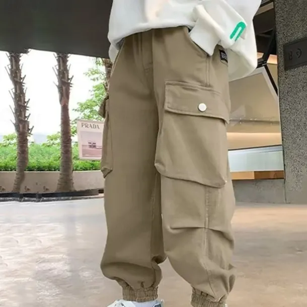 Kids Boys Pants Cargo Pants Trousers Patchwork Pocket Solid Color Breathable Soft Comfort Pants Outdoor Daily Basic Black Khaki Mid Waist