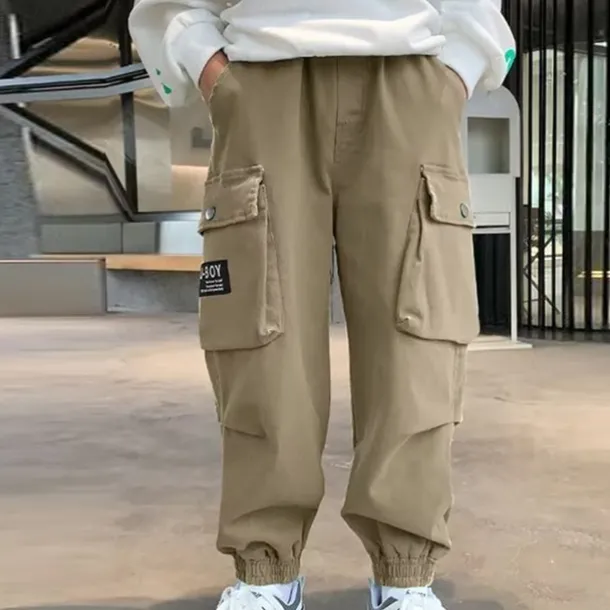 Kids Boys Pants Cargo Pants Trousers Patchwork Pocket Solid Color Breathable Soft Comfort Pants Outdoor Daily Basic Black Khaki Mid Waist