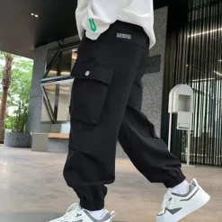Kids Boys Pants Cargo Pants Trousers Patchwork Pocket Solid Color Breathable Soft Comfort Pants Outdoor Daily Basic Black Khaki Mid Waist