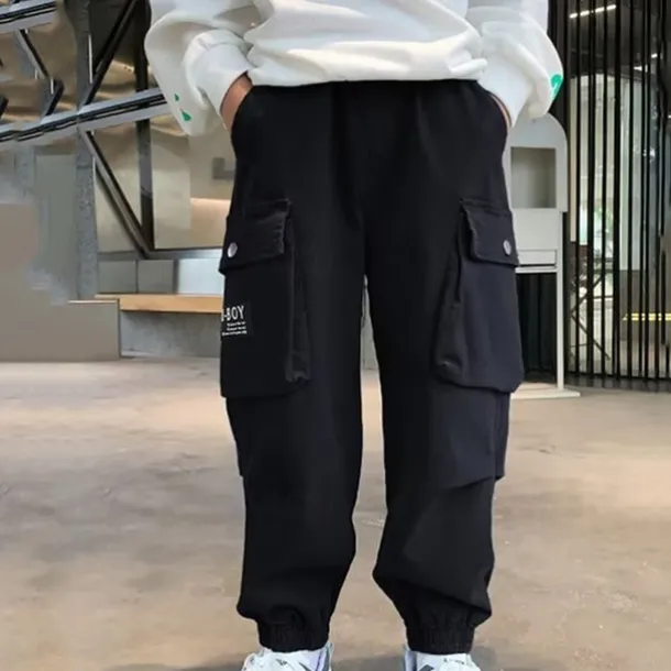 Kids Boys Pants Cargo Pants Trousers Patchwork Pocket Solid Color Breathable Soft Comfort Pants Outdoor Daily Basic Black Khaki Mid Waist