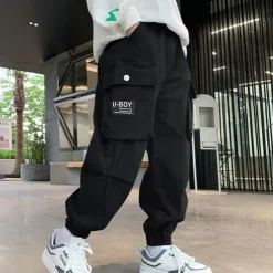 Kids Boys Pants Cargo Pants Trousers Patchwork Pocket Solid Color Breathable Soft Comfort Pants Outdoor Daily Basic Black Khaki Mid Waist