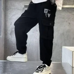 Kids Boys Pants Trousers Pocket Solid Color Letter Comfort Pants School Fashion Cool Black Khaki Mid Waist