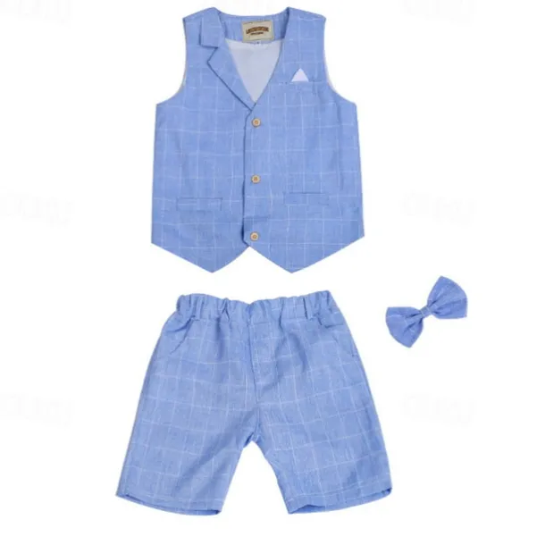 Kids Boys Suit Vest Shorts Set Clothing Set 3 Pieces Sleeveless Blue Gray Pink Plaid Formal Birthday Gentle Preppy Style 4-13 Years