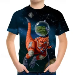Kids Boys T shirt Tee Graphic Dinosaur Astronaut Short Sleeve Crewneck Children Top Outdoor 3D Print Sports Fashion Cool Summer Black 3-12 Years