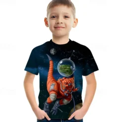 Kids Boys T shirt Tee Graphic Dinosaur Astronaut Short Sleeve Crewneck Children Top Outdoor 3D Print Sports Fashion Cool Summer Black 3-12 Years