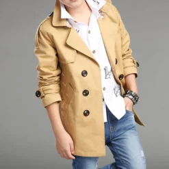 Kids Boys Trench Coat Outwear Long Sleeve Windproof Plain Winter Basic Daily Coat 4-13 Years Black Khaki Red