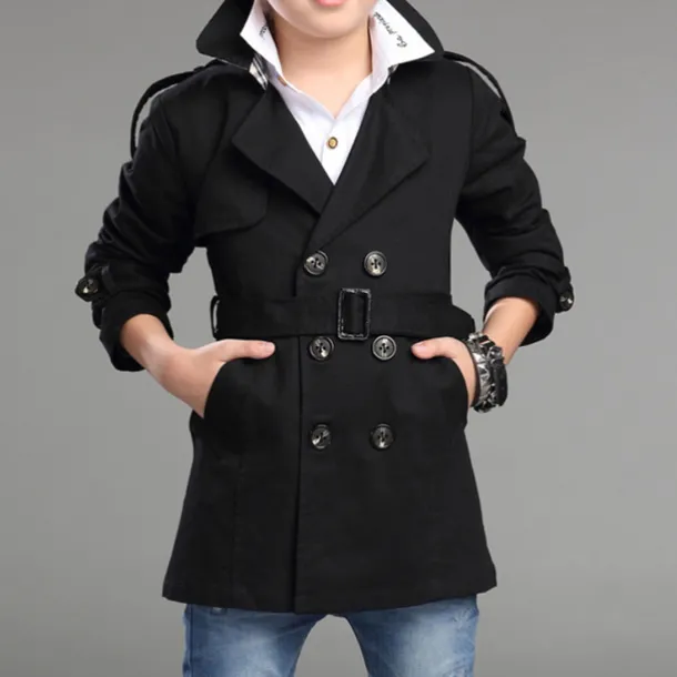 Kids Boys Trench Coat Outwear Long Sleeve Windproof Plain Winter Basic Daily Coat 4-13 Years Black Khaki Red
