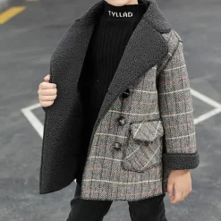 Kid's Boys Woolen Coat Outerwear Plaid Long Sleeve Patchwork Coat Party Fashion Daily Brown Gray Fall Winter 7-13 Years