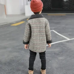 Kid's Boys Woolen Coat Outerwear Plaid Long Sleeve Patchwork Coat Party Fashion Daily Brown Gray Fall Winter 7-13 Years
