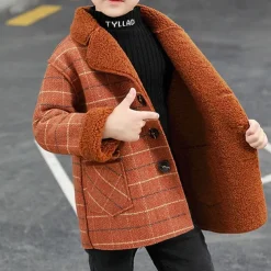 Kid's Boys Woolen Coat Outerwear Plaid Long Sleeve Patchwork Coat Party Fashion Daily Brown Gray Fall Winter 7-13 Years