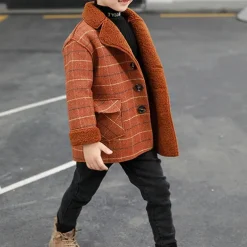 Kid's Boys Woolen Coat Outerwear Plaid Long Sleeve Patchwork Coat Party Fashion Daily Brown Gray Fall Winter 7-13 Years