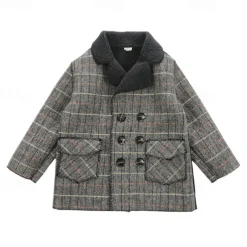 Kid's Boys Woolen Coat Outerwear Plaid Long Sleeve Patchwork Coat Party Fashion Daily Brown Gray Fall Winter 7-13 Years