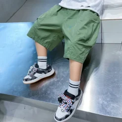 Kids Cargo Short Pants Boys Sports Pants Big Children Hip Hop Joggers Shorts Teenage High Waist Thin Streetwear Baggy Shorts
