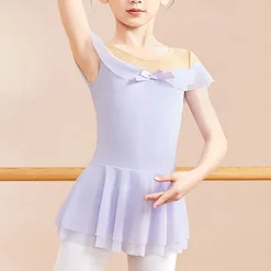 Kids' Dancewear Ballet Dress Bowknot Ruffles Pure Color Girls' Performance Training Short Sleeve High Cotton Blend