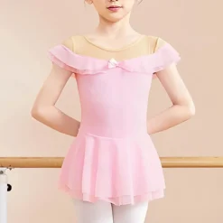 Kids' Dancewear Ballet Dress Bowknot Ruffles Pure Color Girls' Performance Training Short Sleeve High Cotton Blend