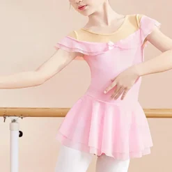 Kids' Dancewear Ballet Dress Bowknot Ruffles Pure Color Girls' Performance Training Short Sleeve High Cotton Blend