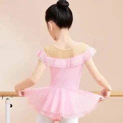 Kids' Dancewear Ballet Dress Bowknot Ruffles Pure Color Girls' Performance Training Short Sleeve High Cotton Blend