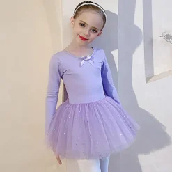 Kids' Dancewear Ballet Dress Bowknot Lace Solid Girls' Training Performance Long Sleeve High Cotton Blend Tulle