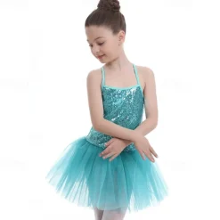 Kids' Dancewear Ballet Dress Pure Color Splicing Tulle Girls' Training Performance Sleeveless High Sequined Polyester