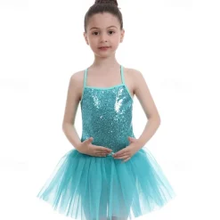 Kids' Dancewear Ballet Dress Pure Color Splicing Tulle Girls' Training Performance Sleeveless High Sequined Polyester