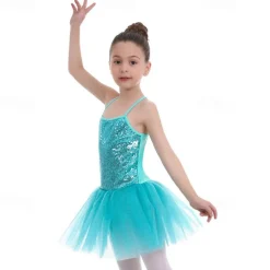 Kids' Dancewear Ballet Dress Pure Color Splicing Tulle Girls' Training Performance Sleeveless High Sequined Polyester