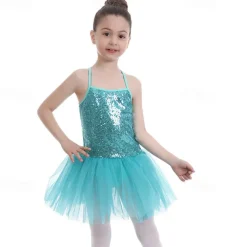 Kids' Dancewear Ballet Dress Pure Color Splicing Tulle Girls' Training Performance Sleeveless High Sequined Polyester