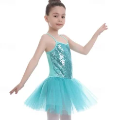 Kids' Dancewear Ballet Dress Pure Color Splicing Tulle Girls' Training Performance Sleeveless High Sequined Polyester