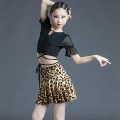 Kids' Dancewear Skirts Leopard Print Pleats Splicing Girls' Performance Training Short Sleeve Polyester