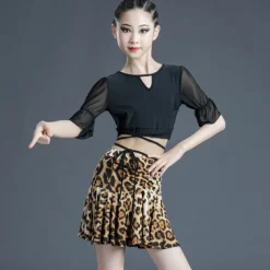 Kids' Dancewear Skirts Leopard Print Pleats Splicing Girls' Performance Training Short Sleeve Polyester