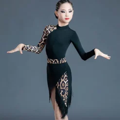Kids' Dancewear Skirts Printing Tassel Splicing Girls' Performance Training Long Sleeve Polyester