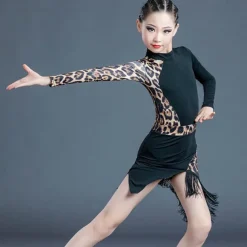 Kids' Dancewear Skirts Printing Tassel Splicing Girls' Performance Training Long Sleeve Polyester