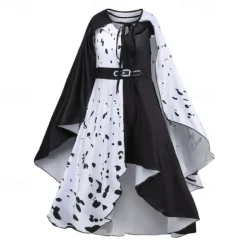 Kids Girls' 101 Dalmatians Cruella De Vil Dress Sets 2pcs Polka Dot Performance Halloween Black Asymmetrical Sleeveless Costume Dresses 3-12 Years