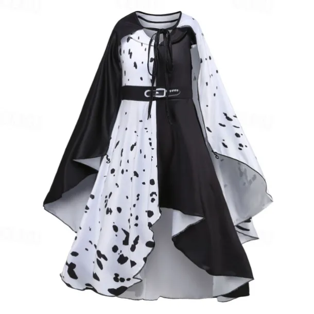 Kids Girls' 101 Dalmatians Cruella De Vil Dress Sets 2pcs Polka Dot Performance Halloween Black Asymmetrical Sleeveless Costume Dresses 3-12 Years