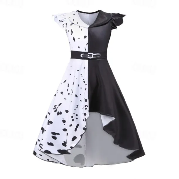 Kids Girls' 101 Dalmatians Cruella De Vil Dress Sets 2pcs Polka Dot Performance Halloween Black Asymmetrical Sleeveless Costume Dresses 3-12 Years