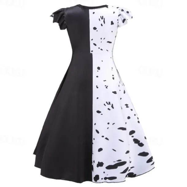 Kids Girls' 101 Dalmatians Cruella De Vil Dress Sets 2pcs Polka Dot Performance Halloween Black Asymmetrical Sleeveless Costume Dresses 3-12 Years