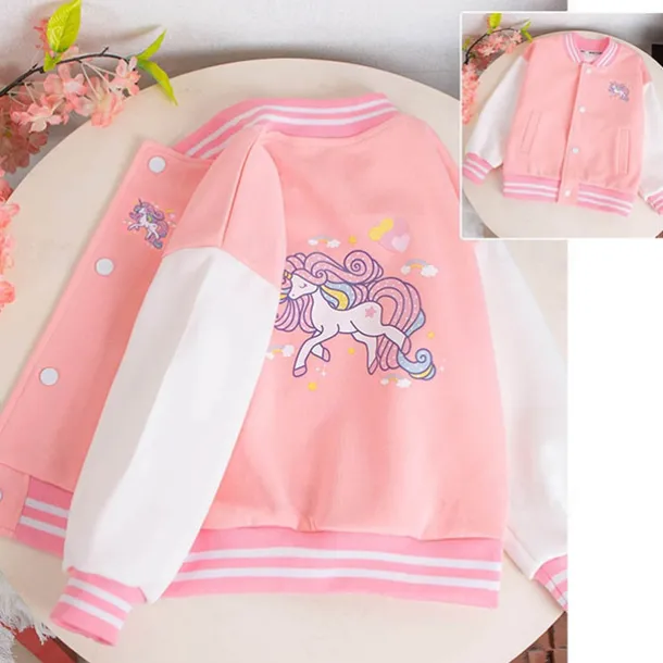 Kids Girls' Baseball Jacket Unicorn Active Button School Coat Outerwear 3-12 Years Fall Black Pink Blue