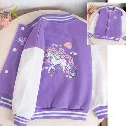 Kids Girls' Baseball Jacket Unicorn Active Button School Coat Outerwear 3-12 Years Fall Black Pink Blue