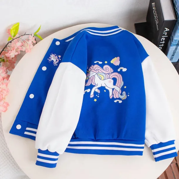 Kids Girls' Baseball Jacket Unicorn Active Button School Coat Outerwear 3-12 Years Fall Black Pink Blue