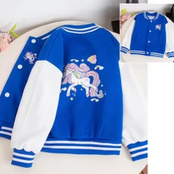 Kids Girls' Baseball Jacket Unicorn Active Button School Coat Outerwear 3-12 Years Fall Black Pink Blue