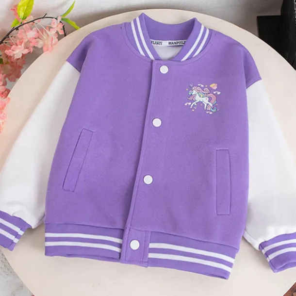 Kids Girls' Baseball Jacket Unicorn Active Button School Coat Outerwear 3-12 Years Fall Black Pink Blue